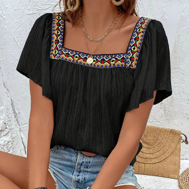 Square Collar Shirt Pullover Short Sleeve Backless Shirt Black - Shop at LoveMi