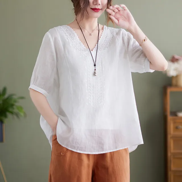 Women's Fashion Artistic Retro Embroidery Short sleeved Cotton And Linen Top White - Shop at LoveMi