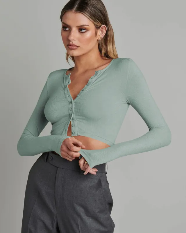 Button Rib Long Sleeve Knitted Cardigan Women's Clothes Cropped Top Esij047 Light Grayish Green - Shop at LoveMi
