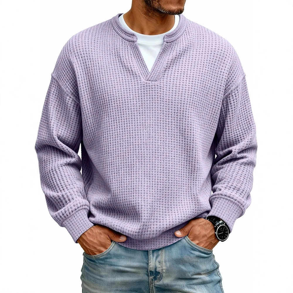 Simple Waffle-Weave Mock Two-Piece Casual Long-Sleeve T-Shirt