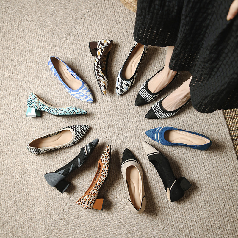 Flyknit Breathable Pointed-toe Chunky-heeled Woven Pumps