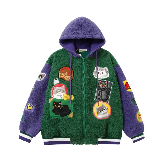 Lamb Wool Stitching Contrast Color Cartoon Cloth Embroidered Cotton padded Coat Red - Shop at LoveMi