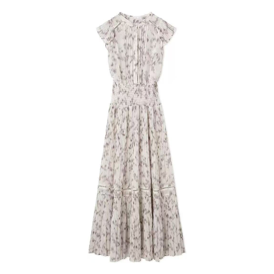 Sweet Flying Sleeve Printed Waist-controlled Pleated Chiffon Dress
