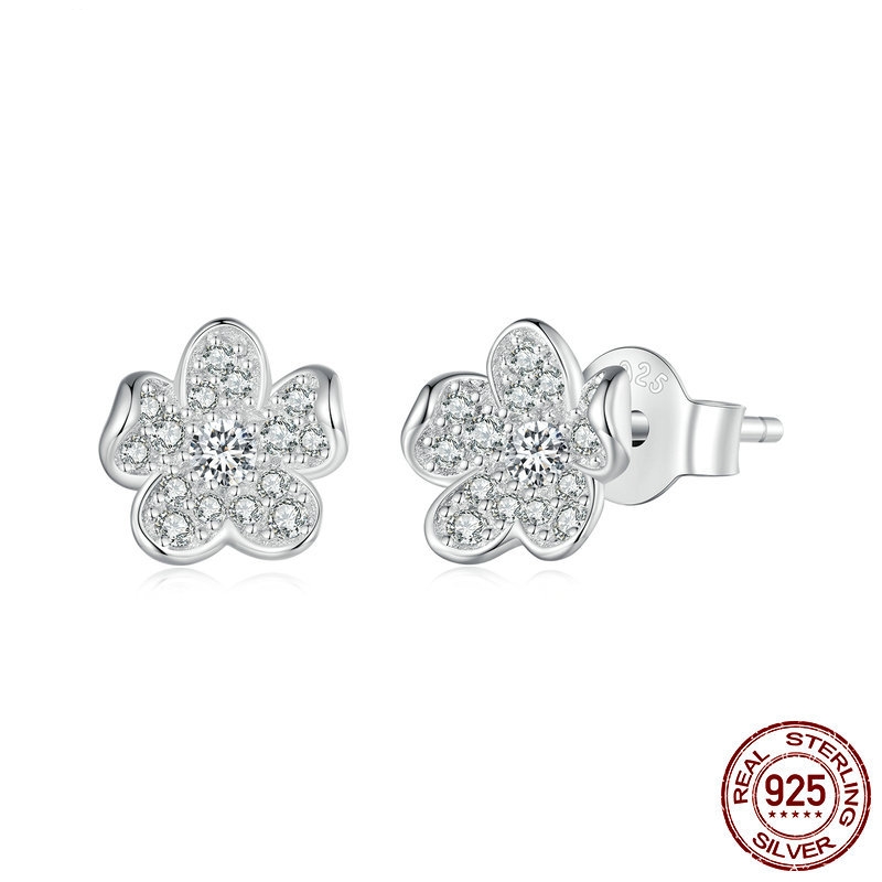 S925 Sterling Silver Full Inlaid Zircon Flower Stud Earrings