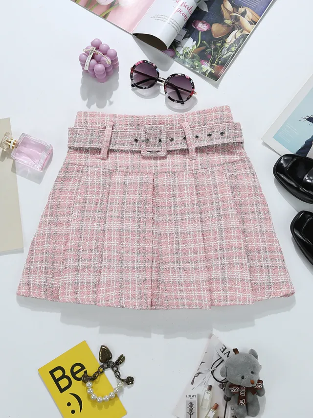 Tweed Bright Silk Plaid Skirt Women's High Sense A Line Pink - Shop at LoveMi