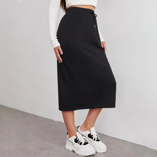 Sports Leisure Commute Loose Elastic Waist Solid Skirt Black - Shop at LoveMi
