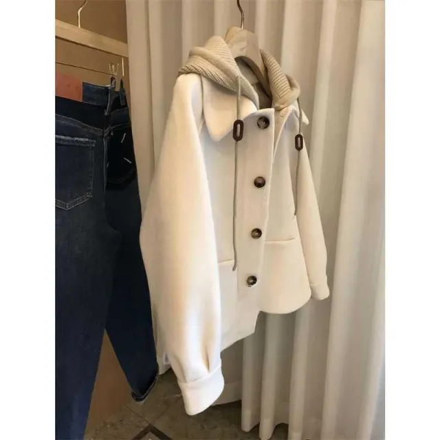 High Sense Patchwork Knitting Hooded Woolen Women's Autumn And Winter Thickening Design Sense Niche Coat Beige - Shop at LoveMi
