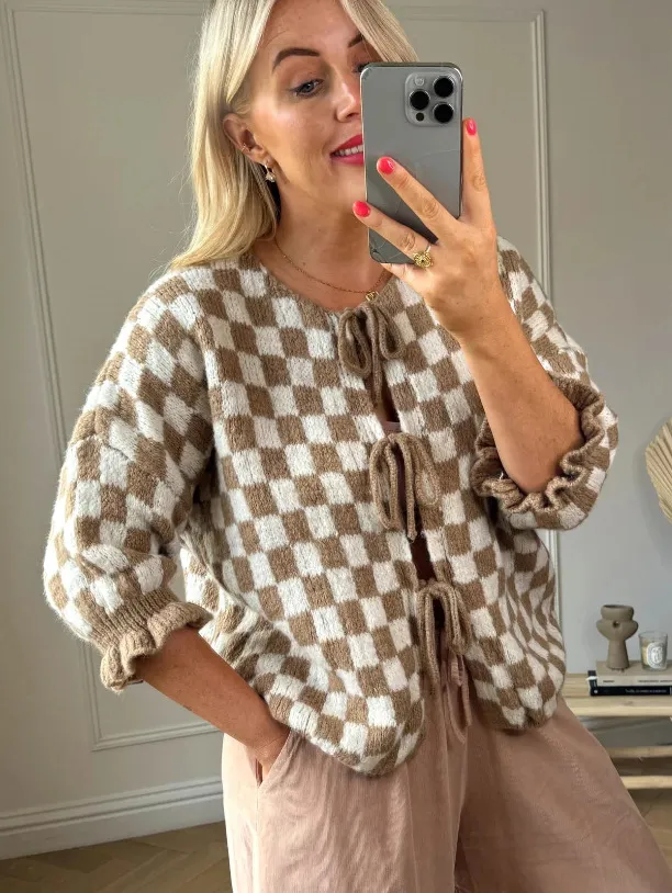 Women's Plaid Rope Long sleeved Sweater Khaki - Shop at LoveMi