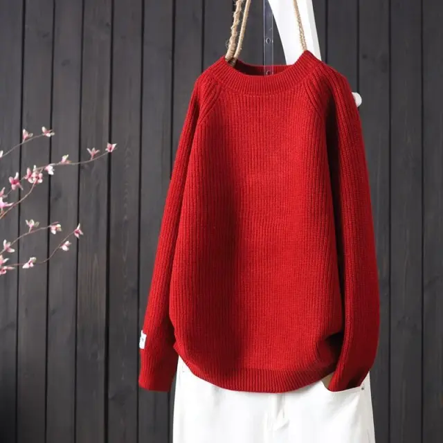 Simple Artistic Loose Pullover Women's Long sleeved Sweater Red - Shop at LoveMi