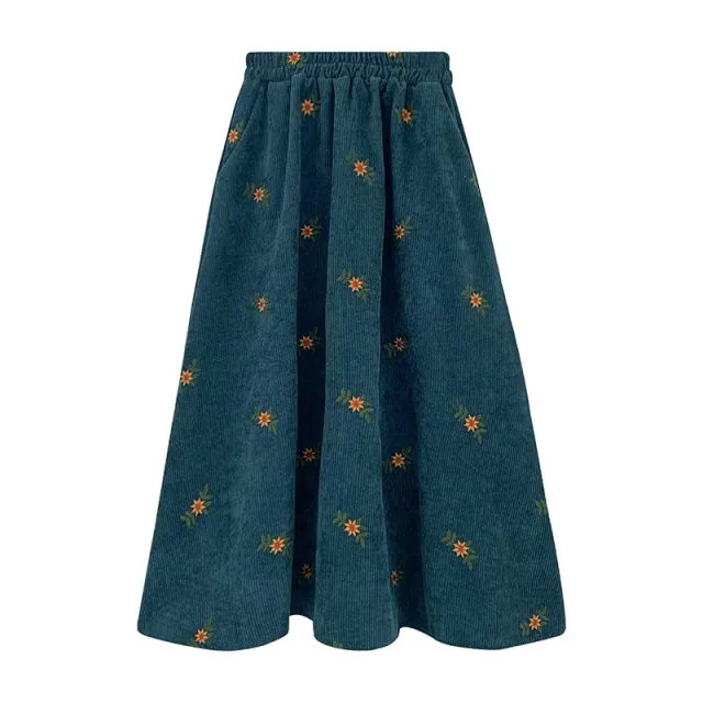 Women's Ancient Corduroy Embroidered Skirt Overknee Dress Blue - Shop at LoveMi
