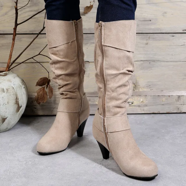 European And American High Heel Straight Belt Buckle Knight Boots Beige - Shop at LoveMi