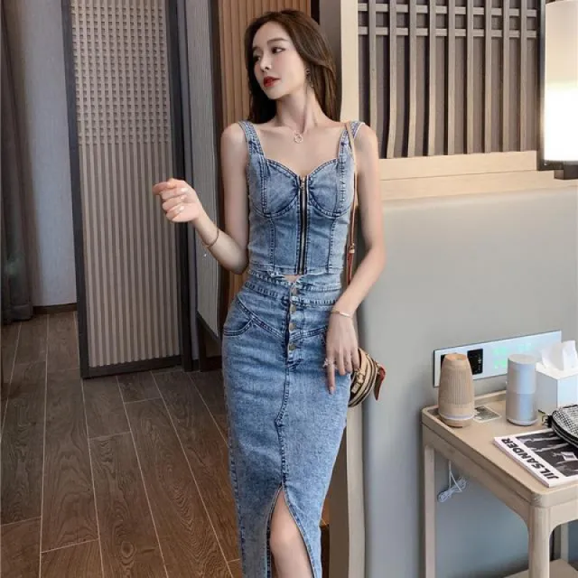Denim Camisole High Waist Sheath Skirt Suit S - Shop at LoveMi