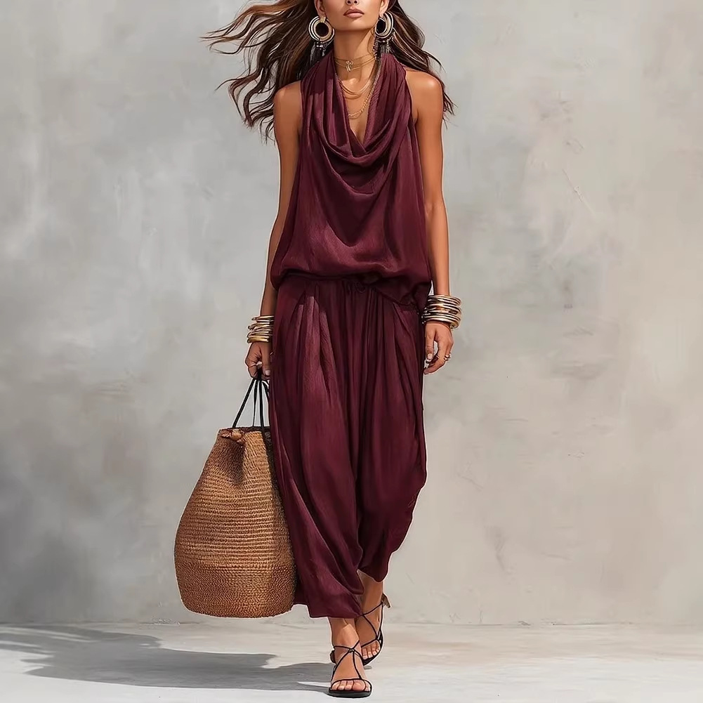 Womens Draped-Neck Vest And Casual Pants Set