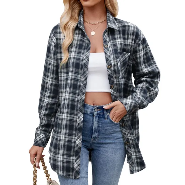 Women's Casual Fashion Loose Plaid Shirt Navy Blue - Shop at LoveMi