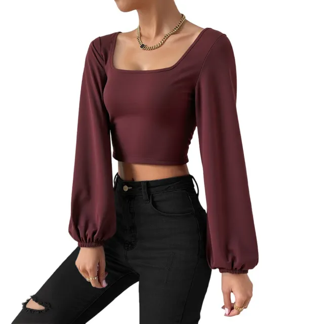 Long sleeved Retro Lantern Sleeve Slim fitting Base Shirt Red - Shop at LoveMi