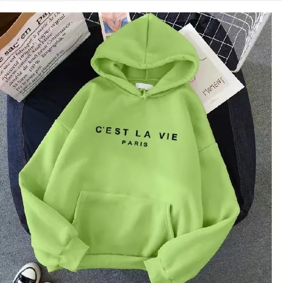 Women's Letter Printed Hoodie Coat Grass Green Black Picture - Shop at LoveMi