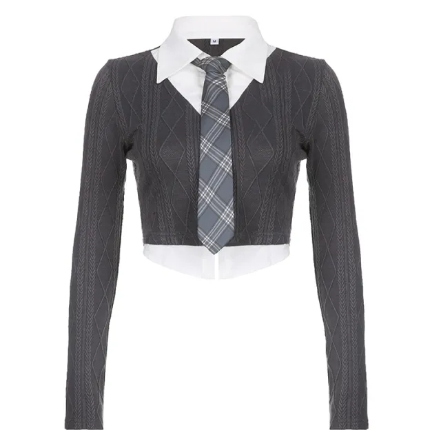 Color Contrast Short Fashion Long Sleeve Girls' College Style Fake Two piece Tie Shirt Grey - Shop at LoveMi