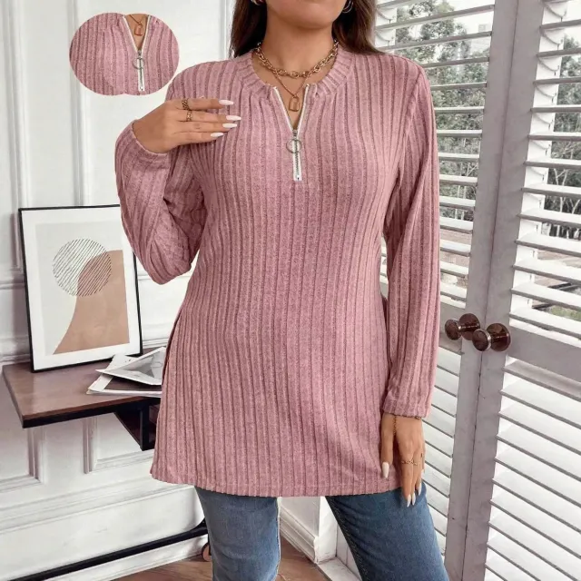 Sunken Stripe Long Sleeve Half Zip Top Lotus Root Color - Shop at LoveMi