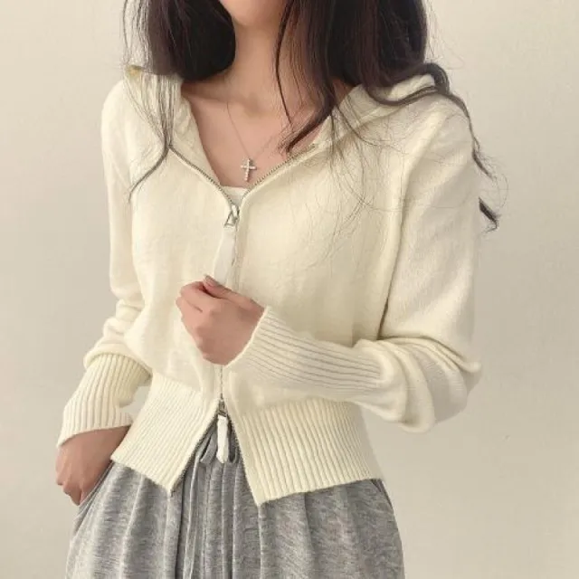 Double headed Zipper Waist Trimming Short Hooded Sweater Coat White - Shop at LoveMi