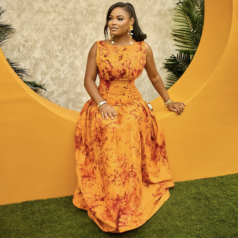 Summer New Fashion Low Waist Printed Sleeveless Slim Fit Long Dress