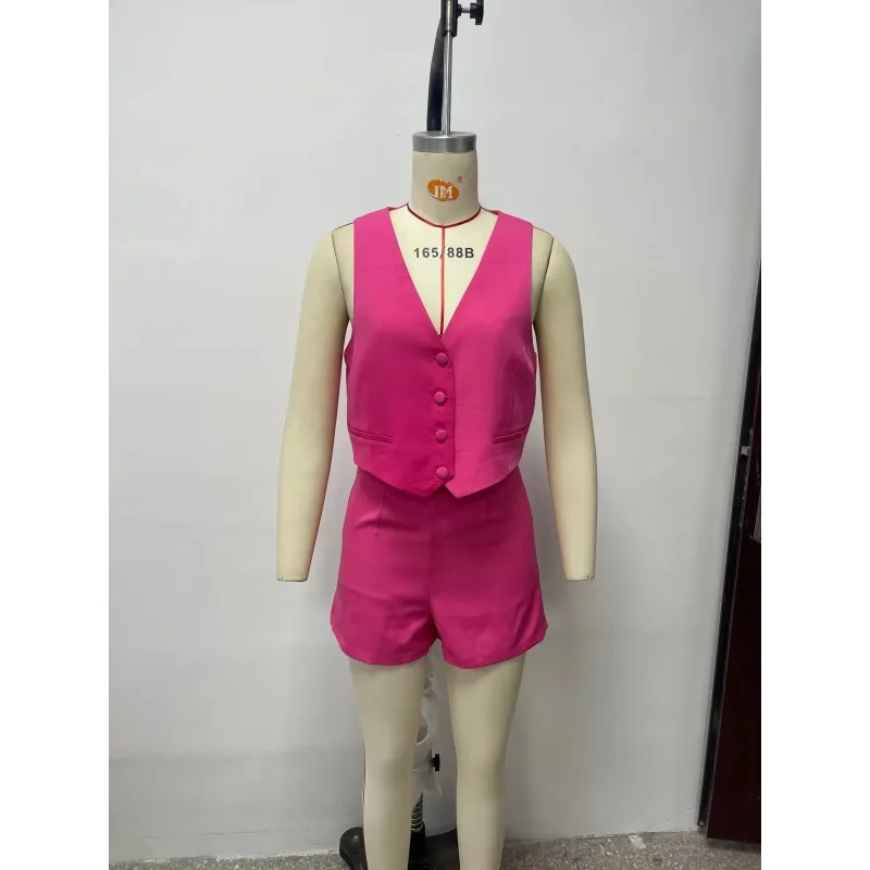 High Waist Casual Pants Shorts Suit Women - Rose Red