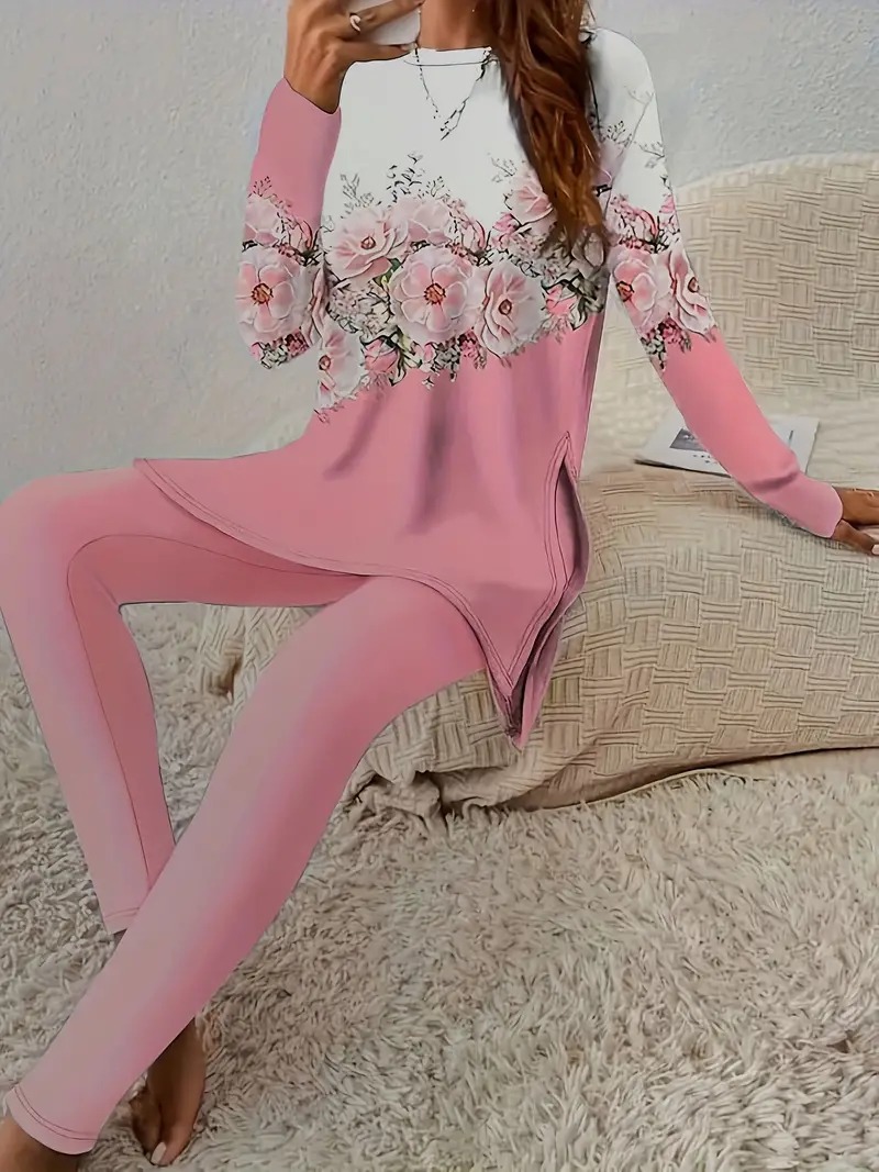 Casual Round Neck Long Sleeve Split Top And Trousers Suit G75Z4 - Shop at LoveMi