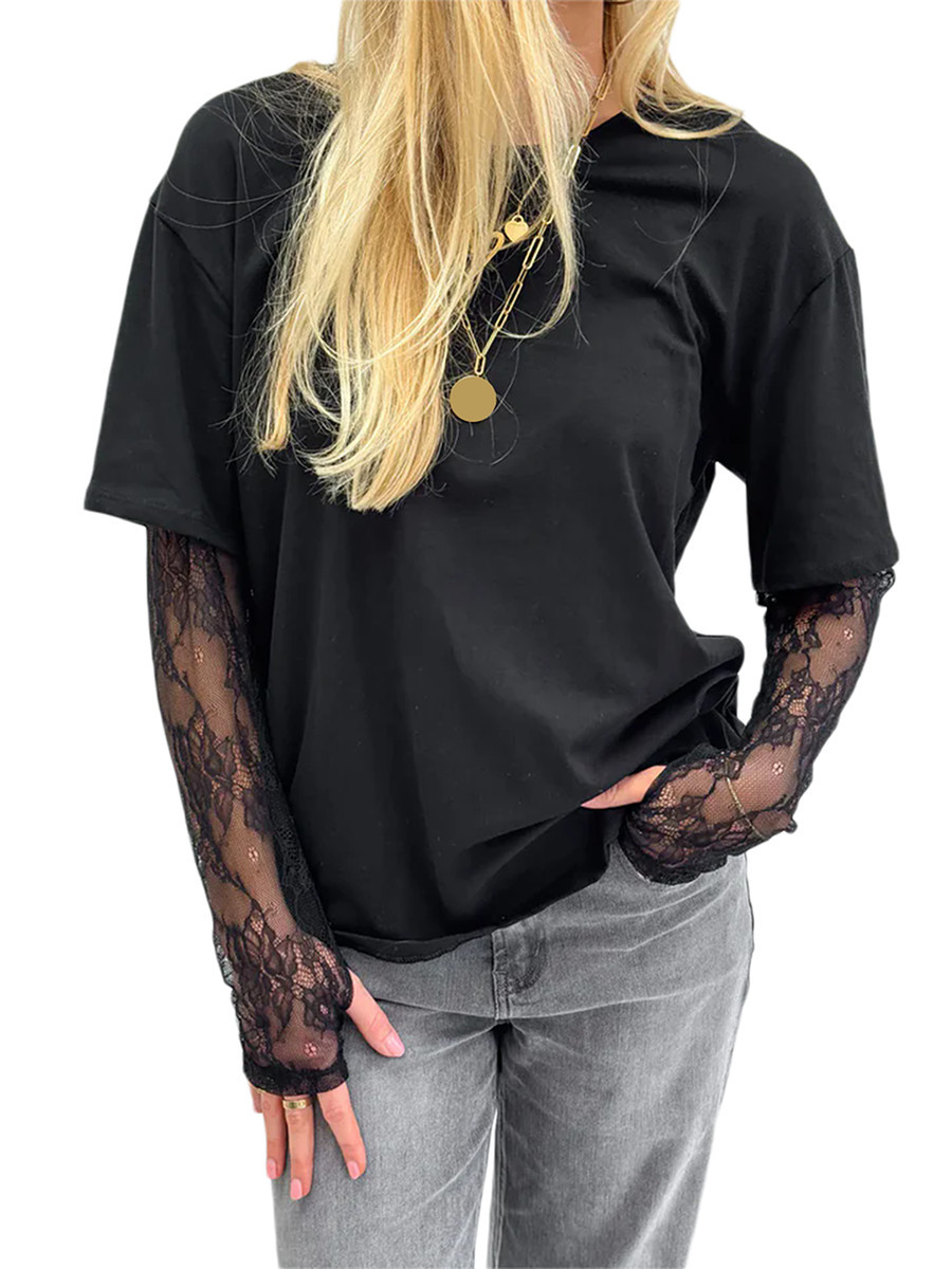 Women's Round Neck T shirt Lace Casual Shirt Black - Shop at LoveMi