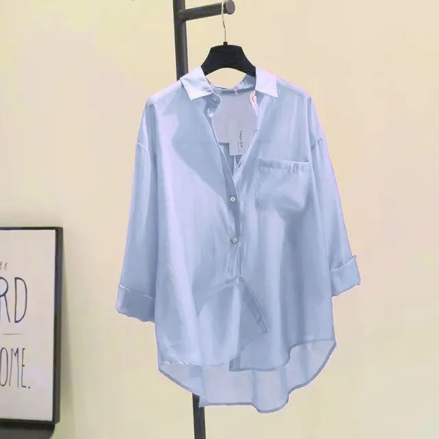 Tencel Cotton Sun Protection Shirt Long Sleeve Versatile Loose Top Light Blue - Shop at LoveMi