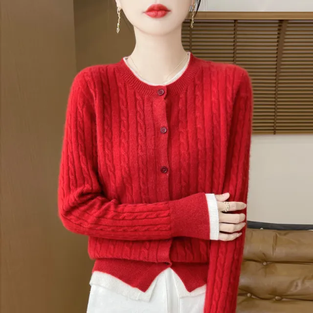 O neck Short Small Twist Knitted False Two Pieces Color Matching Cardigan Jacket Cherry Red - Shop at LoveMi