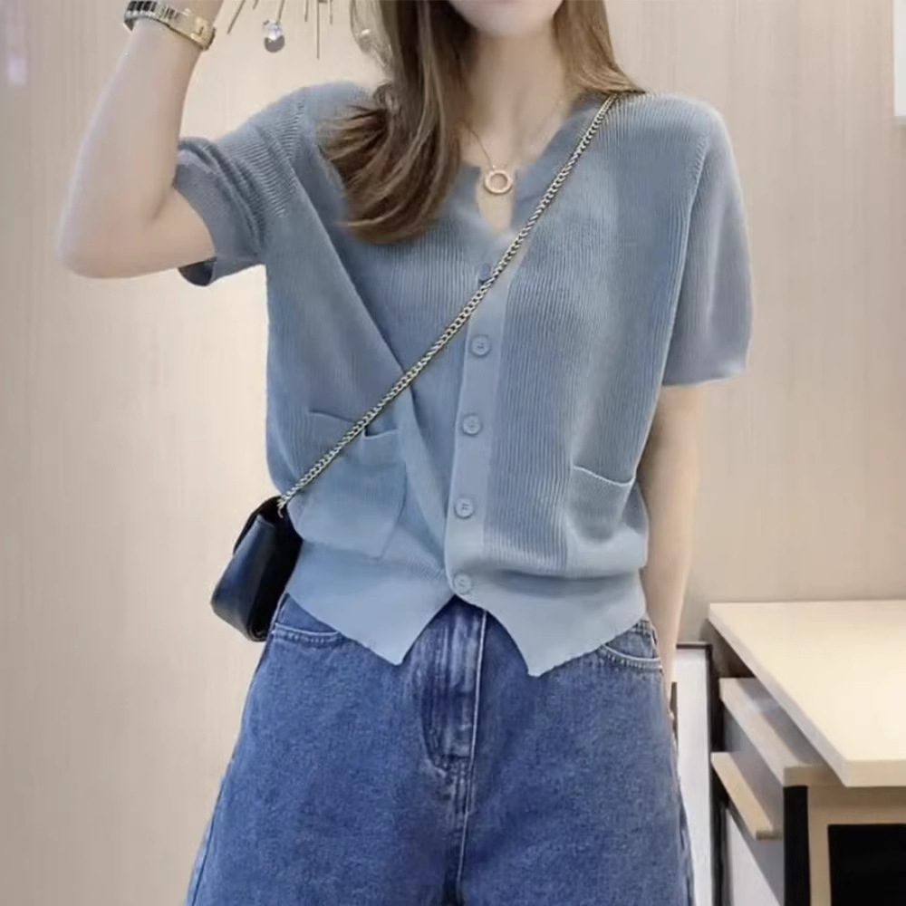 Womens Round-neck Blue Ice-silk Knitted T-shirt Top