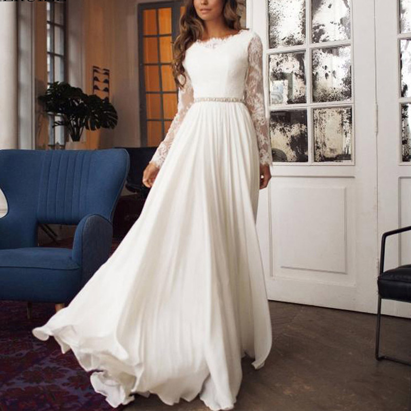 Elegant Graceful Lace Long Sleeve Chiffon Wedding Dress