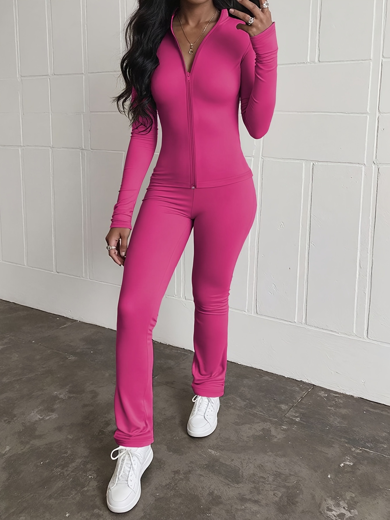Womens Casual Slim-fit Zip-up Jacket And Trousers Two-piece Set 6