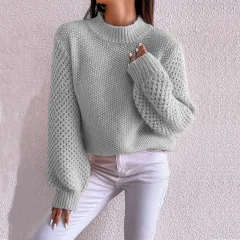 Women's Fashion Autumn And Winter Leisure Long Sleeve Round Neck Pure Colour Warm Keeping Sweater - Light Grey - View 1