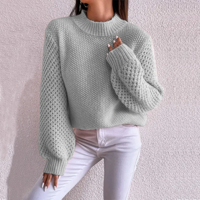 Women's Fashion Autumn And Winter Leisure Long Sleeve Round Neck Pure Color Warm Keeping Sweater Light Gray - Shop at LoveMi