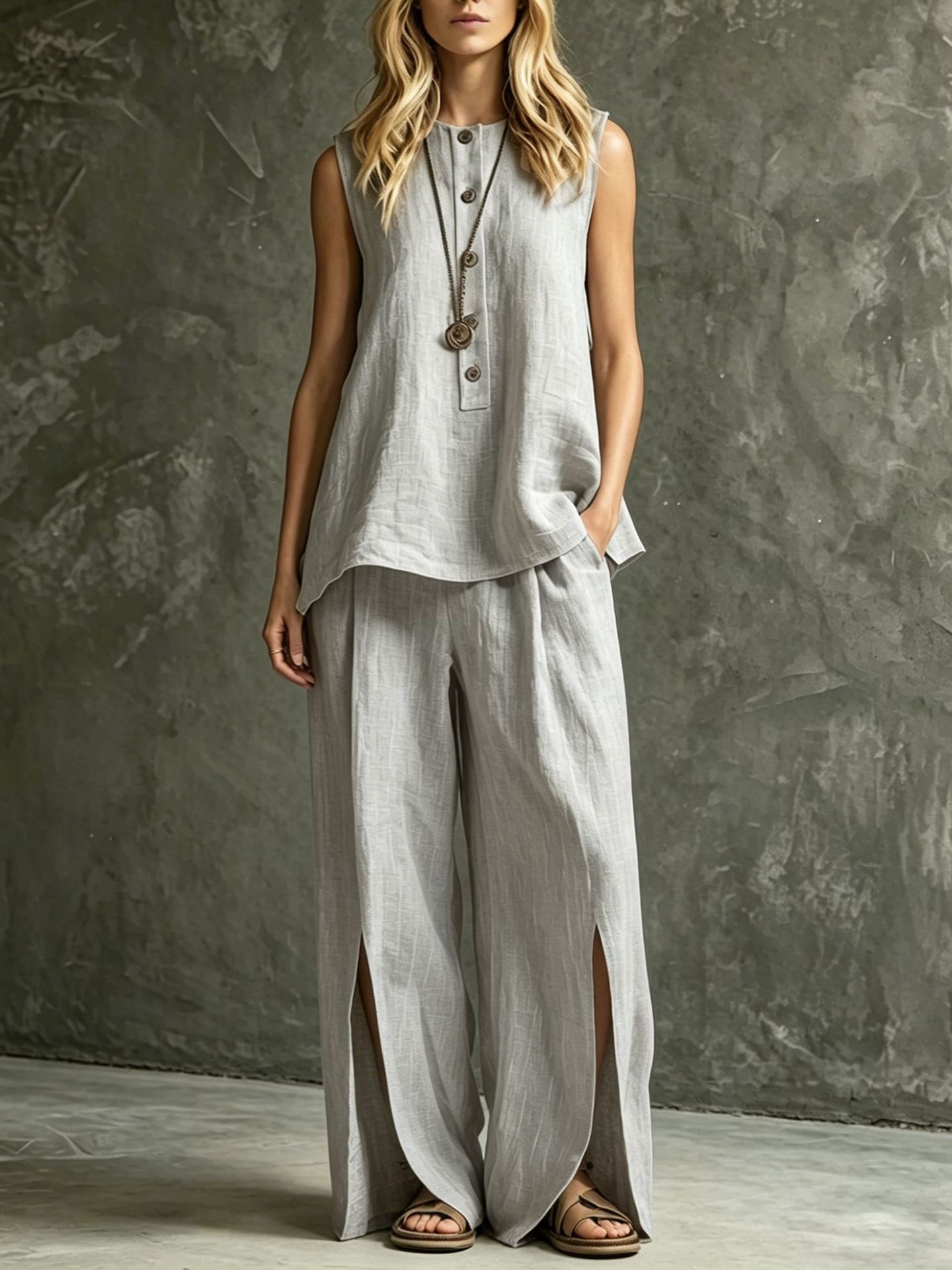 Women's loose tank top and pants set in white – detail view