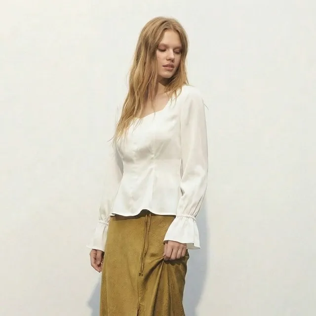 U neck Puffed sleeve Pullover Shirt Beige - Shop at LoveMi