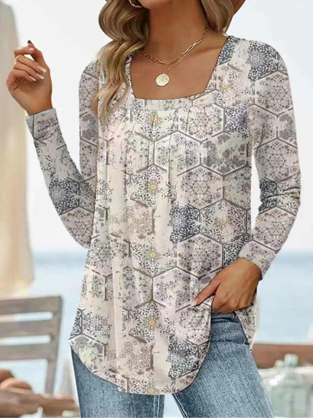 Square Collar Long Sleeve Dovetail Floral T shirt Ivory - Shop at LoveMi