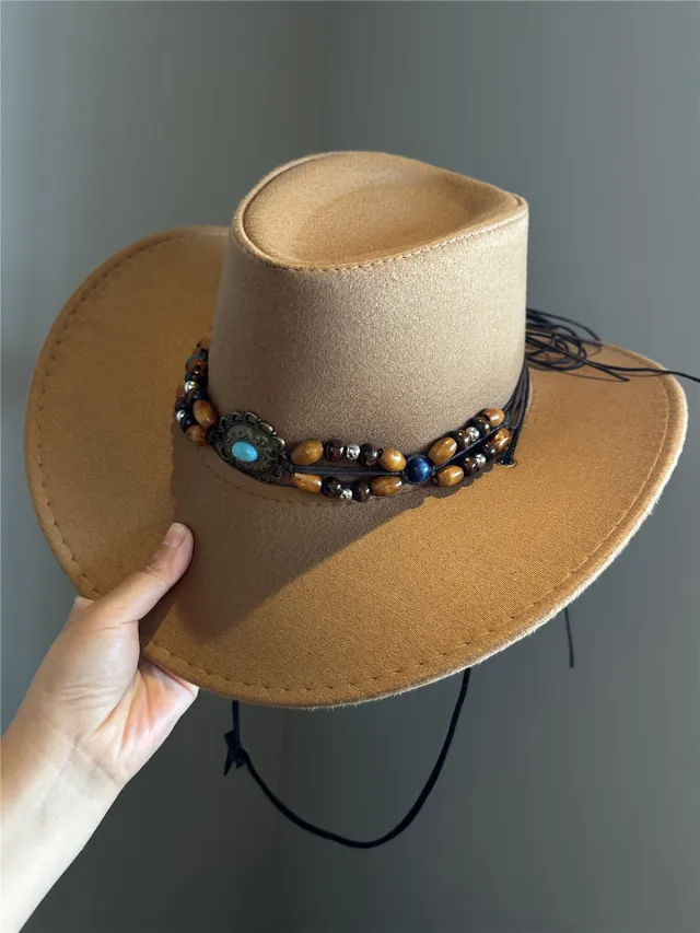 Turquoise Decorative Western Cowboy Hat Female Sun Hat With Wide Brim Khaki - Shop at LoveMi