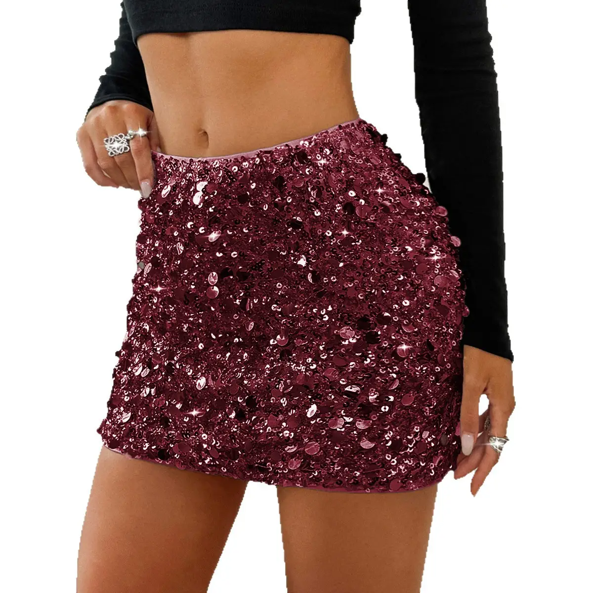 Womens Solid-Color Casual All-Match Sequin Skirt