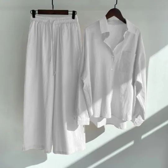 Women's 2 piece Retro Plus Size Shirt Outfit High Waist Loose Trousers White - Shop at LoveMi