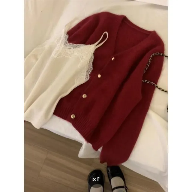 Women's Solid Color Gold Buckle Soft Glutinous Sweater Coat Red - Shop at LoveMi