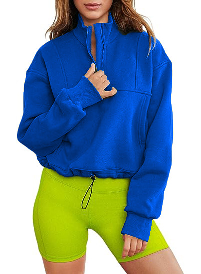 Women's Fashion Casual Stand Collar Half Zip Drawstring At Hem Brushed Hoody