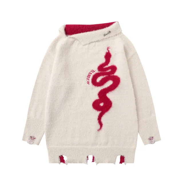 Autumn And Winter Design Sense Niche Women's Diagonal Collar Idle Style Loose And Warm Knitwear White And Red - Shop at LoveMi