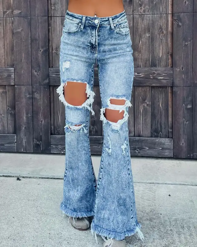 Women's Hole Raw Hem Jeans Denim Blue - Shop at LoveMi