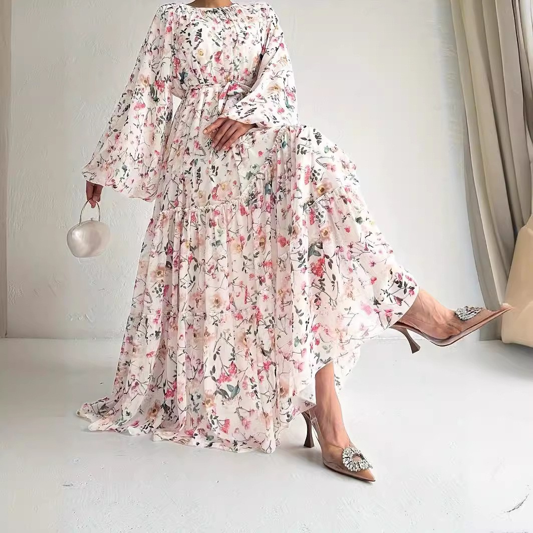 Chiffon Floral Dress With Belt Long Length Stylish And Elegant Peach - Shop at LoveMi
