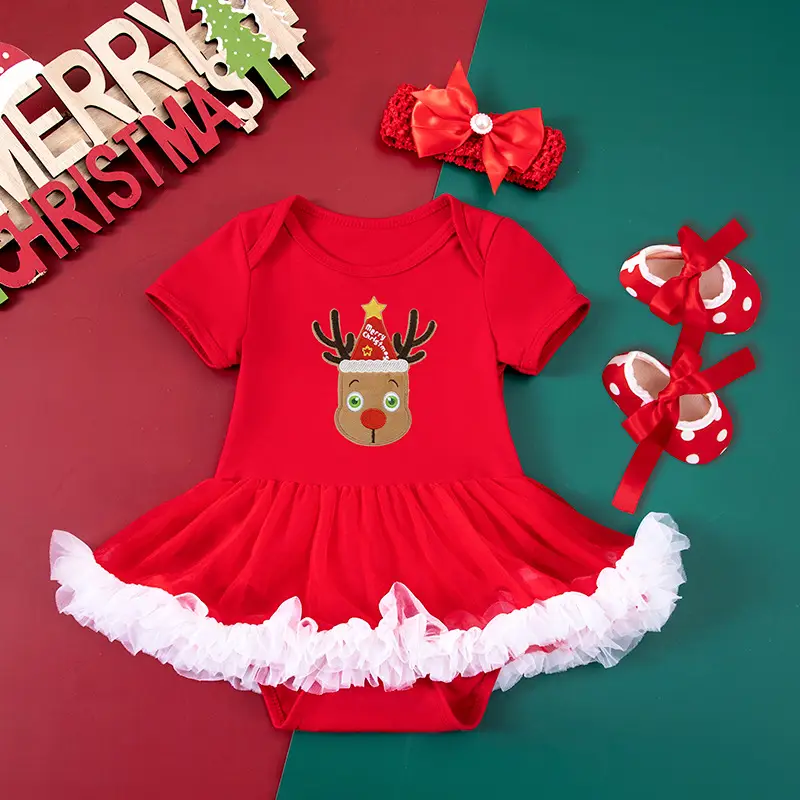 Baby Girl Christmas Party Holiday Clothes Cartoon Old Man Tree Baby's Gown Shoes Hair Accessories 3-piece Set