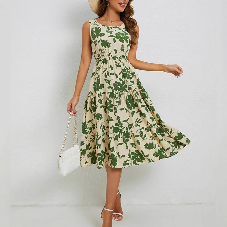 Womens Floral-Print Sleeveless Mid-Length Wrap Dress For Vacation Style