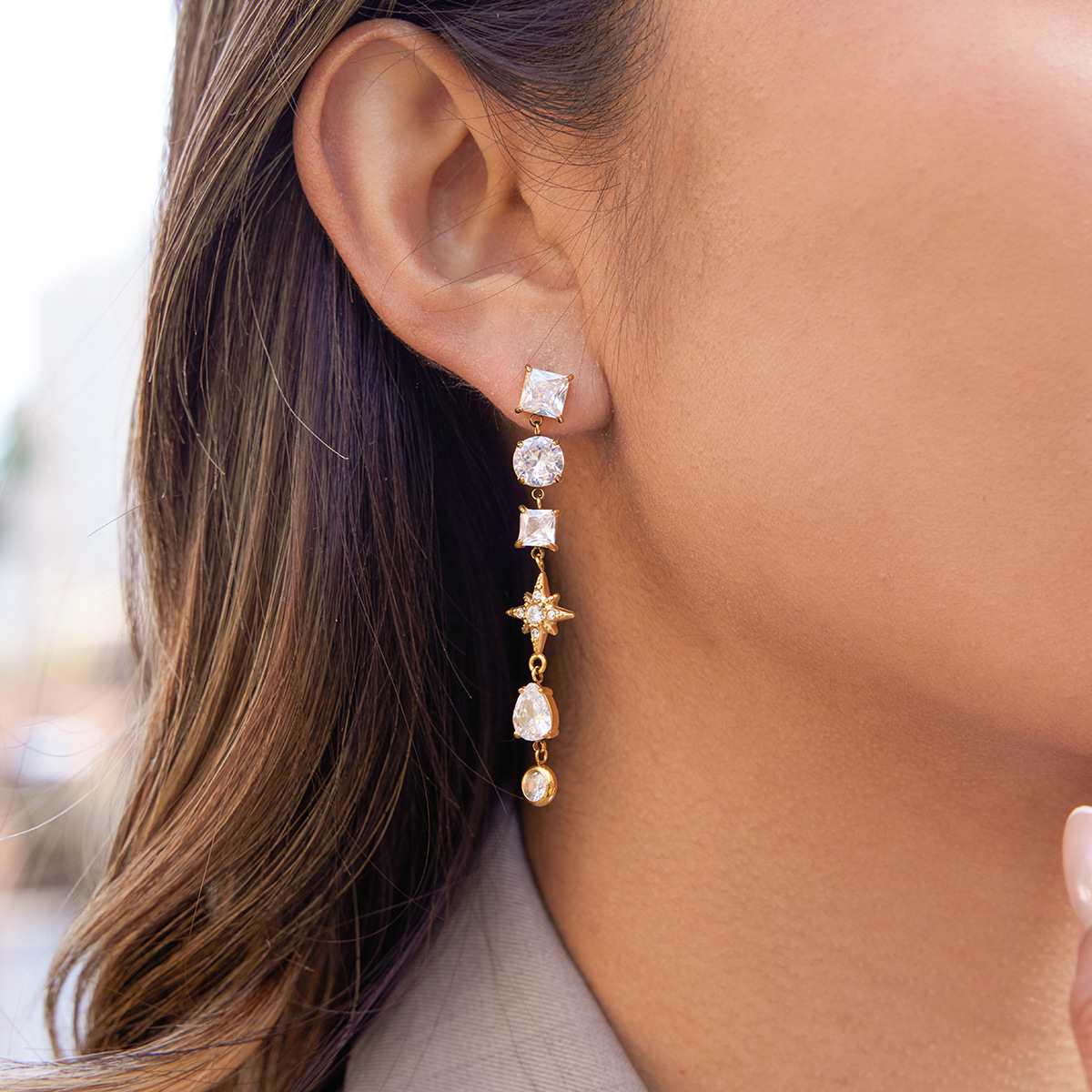 Stainless Steel 18K Zircon Eight-Pointed Star Tassel Earrings