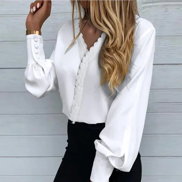 Women's Fashionable Printed Lace Casual Shirt White - Shop at LoveMi