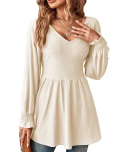 Women's Fashionable Simple V-neck Jacquard Stitching Solid Colour T-shirt Long Sleeve Top - Apricot - View 1